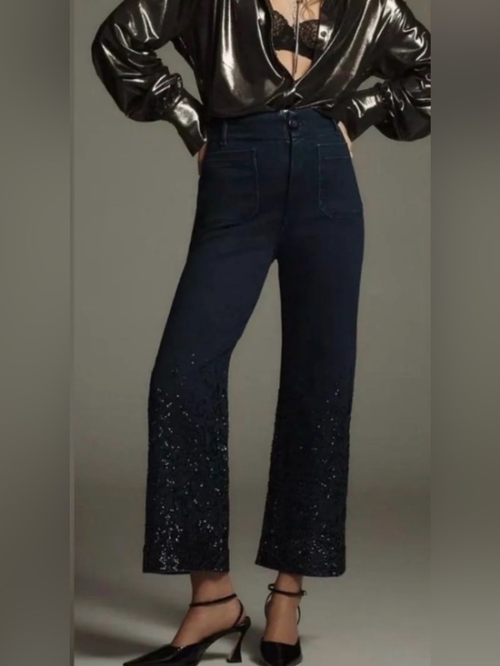 Maeve Pants - Anthropologie The Colette Cropped High-Rise Wide-Leg Sequin Jeans in Size 28R